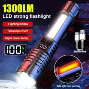 USB Rechargeable 1300LM LED Flashlight Torch Side Light Zoomable Power Display