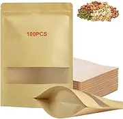 Stand Up Pouch, 100pcs 14 * 20cm Reusable Kraft Paper Food Storage Bags With Window and Zipper Closure, Resealable for Candy, Accessories, Snacks, Jewelry and More