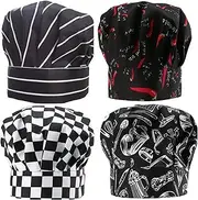 [Clzemo] 4 Pack Kitchen Cooking Cap, Comfort Breathable Chef Skull Hats for Men Women, Adjustable Working Caps One Size Fit All