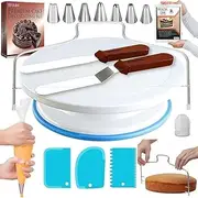 BUYUP 35PCs Cake Decorating Kit with Baking Supplies - Cake Turntable, Leveler, 13 Piping Tips, 2 Spatulas, Fondant Tools, Coupler, Brush - Stainless Steel, Blue, White