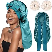 Silk Hair Satin Bonnet for Sleeping Women,Long Sleep Silk Bonnets for Black Women Curly Long Hair with Tie Band,Braid Silky Bonnet Sleeping Cap for Braids with 2 Pcs Satin Scrunchies(Peacock Blue)