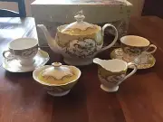 Grace Tea Ware Tea Set Teapot Sugar Creamer 2 Cups/saucers Birds