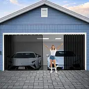 Sliding Garage Door Screen 2 Car with Track Closure,16x7Ft Garage Door Retractable Privacy Curtain Keep Annoying Animals Out Easy Install Heavy Duty Fiberglass Mesh for Opening Garage Aluminum Rail