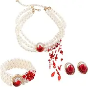 [Generic] Dripping Blood Vampire Necklace Bracelet Earring Set Faux Pearl Necklace Halloween Party Costume Cosplay Costume Matching Necklace