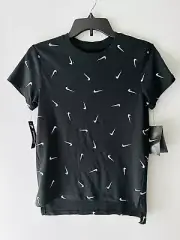 New NIKE M Girls Swooshfetti Graphic T-Shirt Black Slv All Over Print AR4990-010