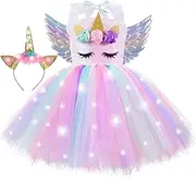 Sequin Unicorn Lighted Dress for Girls with Headband Birthday Christmas Party Outfits Dance Princess Tutu Costumes