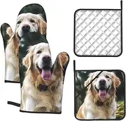 4 pcs Oven Mitts and Pot Holders Set 500°F Heat Resistant Oven Gloves and Hot Pads Kitchen Mittens Funny Golden Retriever Cooking Gloves Potholders for Baking Grilling