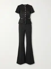 [Self-Portrait] Self-Portrait - Button-embellished Metallic Bouclé And Crepe Peplum Jumpsuit - Black - UK 6 UK 6 Black