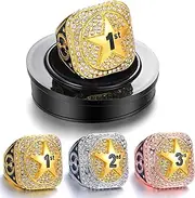 Highergo 3 Pcs 1st 2nd 3rd Place Championship Trophy Ring with Display Neck Chain and Stand Finalist Participant Gold Silver Bronze Tone Finalist Participant Ring for Finalist Participant Match