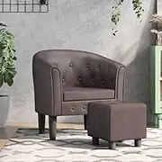 Tub Chair with Footstool, Faux Leather Armchair for Living Room, Lounge, Bedroom, Reading, Gaming & Comfy Furniture – Brown, Space-Saving Recliner