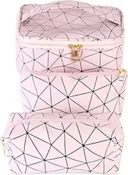 JOVALA 3 PCS Makeup Bags for Women Girls Portable Travel Cosmetic Bag Organizer Purse Pouch with Gold Zipper Cute Toiletry Bags (Light Pink Lattice)