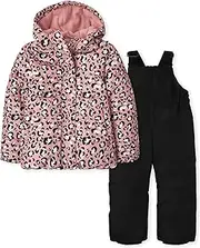 [The Children's Place] girls Girls Long Sleeve Leopard 3 in 1 Jacket and Sleeveless Solid Snow Overalls 2-piece Snow Set 2-pack