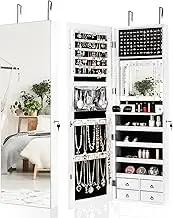 Giantex LED Full-length Mirror Jewelry Cabinet, Multipurpose Storage Cabinet w/ 4 Drawers, Wall/Door Mounted Jewelry Armoire Organizer for Bedroom Closet (White)