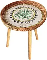 Folpus Rattan Side Table with Shell Inlays End Table Easy to Use Ornament Round Coffee Table Bedside Table for Living Room Balcony, Bohemia 50cm