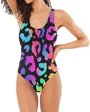 [Joitme] Neon Leopard Black Women's One Piece Swimsuits, Small, Womens Sexy One Piece Swimsuits