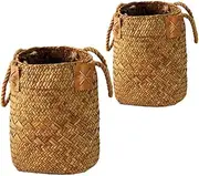 Seagrass Woven Basket Straw Belly Storage Flower Plant Pot Vase Organizer with Handles for Laundry Picnic Grocery 2PCS Woven Flower Basket