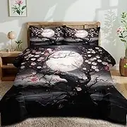 CCoutueChen Japanese Bedding Set Queen Size Cherry Blossom Bedding 3 Pieces Soft Black and Pink Comforter Set Aesthetic Cherry Blossoms Comforter with 2 Pillowcases