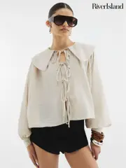 River Island Brown Tie Front Large Collar Blouse (H15951) | $92