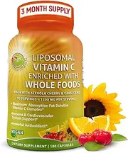 Liposomal Vitamin C 1400mg - Organic Acerola Cherries & Camu Camu - Immune Support Supplement - High Potency Vitamin C - Enhanced Absorption & Bioavailability -Vegan - 3 Month Supply - Non-GMO