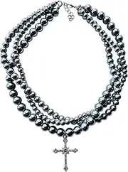 [Generic] Gothic Dainty Cross Charm Statement Necklace for Women Synthetic Navajo Pearl Necklace Stack CZ Cross Grunge Emo Goth Choker Necklace Y2k Western Chunky Silver Layered Necklaces