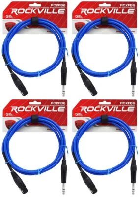 4 Rockville RCXFB6Bl Blue 6' Female REAN XLR to 1/4'' TRS Balanced Cables OFC
