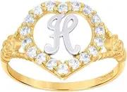 [JewelryWeb] 10k Two tone Gold Womens CZ Simulated Diamond Polished Finish Love Heart Shape Letter H Initial Ring Statement-Ring for Women
