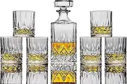 Whiskey Decanter Gift Set - 7 Piece - Bourbon Cocktail Glasses, 6 Crystal Scotch Whiskey Glasses, Old Fashioned Liquor Men Gift, Bar, Kitchen Decor, Whisky Glass Sets