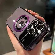 for iPhone 14 Pro Max 13 12 14Plus Plating Magnetic Wireless Charger Transparent Hard Cover Hole Case,PurpleLB,for iPhone 12 Pro