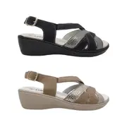 Lorella Billie Ladies Sandal Wedge Sole Buckle Slingback Snake Trim Cross Straps