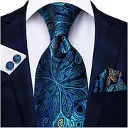 [VSOLS] Men's Blue Black Striped Tie 3.4" Tie Pocket Square Cufflinks Wedding Party Silk Tie Set (Color : SN-1593, Size : 59.06 * 3.35in)