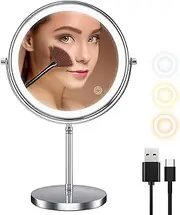 zelaxy Makeup Mirror 8 Inch, Vanity Mirror with Lights, Rechargeable Double Sided 1X 10X Magnifying Mirror, 3 Color Lighting, Touch Sensor Dimming, Brightness Adjustable(Silver)