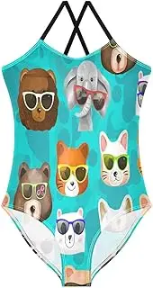 [RPLIFE] Cute Animals Heads Blue Girls One Piece Swimsuit, Beach Apparel 3-10 Y with Adjustable Shoulder Strap, 3-10 Y