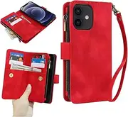 GoshukunTech for iPhone 12 mini Wallet Case with 9 Card Holders,for iPhone 12 mini Case Zipper Coin Pocket PU Leather Flip Cover Kickstand Protective Phone Purse with Wrist Strap-Red