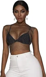 [Generic] Women Sexy Rhinestone Sleeveless Mesh See Through Crop Top Vest Hollow Out Tank Tube Tops Clubwear Rave Festival