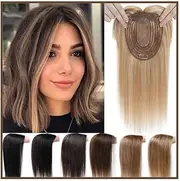 Human Hair Topper with Bangs 12×13cm Silk Base Hairpiece 10-14" Indian Remy Hair Clip In Straight Hair Extension for Women with Thinning Hair(Medium Brown+Dark Blond,10inch)