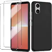 [3 in 1] Case Compatible with Sony Xperia 5 V 5V Cover with 2 Pack Tempered Glass Screen Protector for Sony Xperia 5 V 5V, Slim Fit Soft TPU Shockproof Anti-Scratch Phone Case Cover - Black