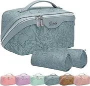 BOYATU Travel Makeup Bags Cosmetic Organizer Bag: 3-Set Large Capacity Make up Bag - PU Leather Toiletry Bags for Women - Wide Open Portable Pouch with Divider & Handle, 01-Light Blue, Leather Makeup