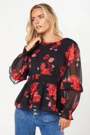 Dorothy Perkins Womens Blouse Floral Floral Peplum Long Sleeve Chiffon