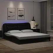 King Bed Frame with LED Lights, 183x203 cm, Black Faux Leather Platform, Low Profile, Wooden Bedframe, Queen Size, No Box Spring, Wood Base, Floor cama, Storage Beds