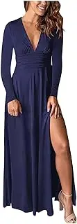 [bawilom] Women's Maxi Dresses Deep V-Neck Long Sleeve Side Slit High Waist Long Dress Plain Party Evening Wedding Guest Dress