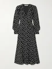 [Alessandra Rich] Alessandra Rich - Clover Wrap-effect Floral-print Silk-crepe Midi Dress - Black - IT38 IT 38 Black