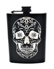 Liquor Hip Pocket Flask and Funnel, Engraved Mandala Skull Art Drinking Gift