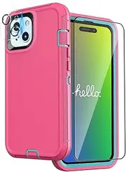 FEIYAR HOME Case for iPhone 15 Case with 2 Tempered Glass Screen Protectors + 2 Camera Lens Protectors, Military Grade Shockproof Durable Hard Case for iPhone 15 6.1 Inch (Pink Green)
