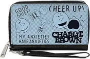 [Buckle-Down] Peanuts Wallet, Zip Around, Charlie Brown Poses and Quotes Baby Blue Black, Vegan Leather