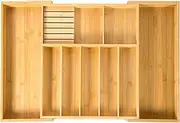 VaeFae Extra Large Kitchen Utensil Holder, Bamboo Silverware Drawer Organizer, Expandable Cutlery Organizer with Knife Block, Multifunctional Wooden Drawer Divider