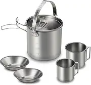 1 Combined of a Stainless Steel Kettle, 2 Cups 2 Bowls Large Capacity Cookware Set for Camping Hiking Picnic Outdoors Foldable Handles