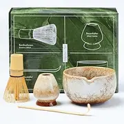SOLACEA Complete Matcha Whisk Set: Matcha Bowl with Spout, Matcha Set Whisk and Ceramic Whisk Holder with Bamboo Matcha Scoop - 16.9 oz Chawan Bowl (White Moss)