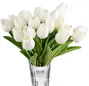HoveBeaty Artificial Tulips Bridal Wedding Festival Decor Bouquet Real Touch PU Flower Bouquet Pack of 20 (White)