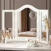 Oikiture Hollywood Mirror, Tri-fold Vanity Mirror with 10X Magnification, Makeup Mirror with 10 LED Nights and Touch Screen, 3 Color, 2 USB & 1 Type C Port Power Supply Mirror (White)