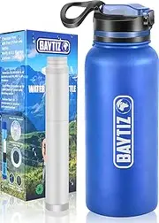Baytiz | Thermos Flask + Activated Carbon Survival Straw - Bottle Water Filter for Travel Hiking Trekking Camping Air Purifier Reusable Compass Plastic Rain Bag